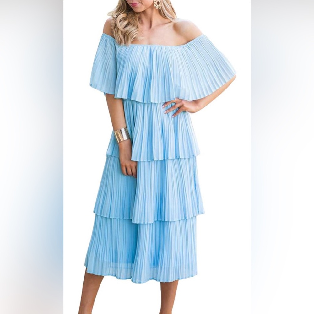 Elegant Off-Shoulder Blue Tiered Dress